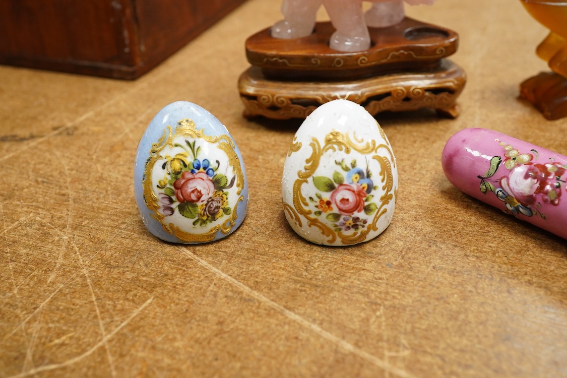 Two 19th century enamel boxes and two enamel shaped vessels, a hardstone elephant, etc.